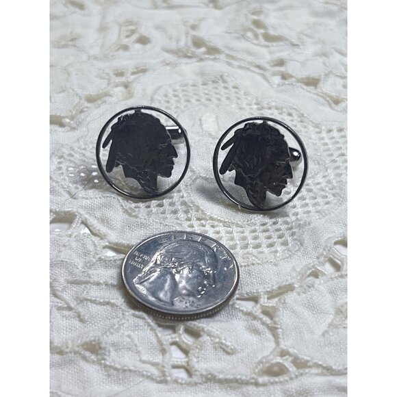 Vintage Silver-Tone Buffalo Nickel Cufflinks With Native American Design - Picture 3 of 5